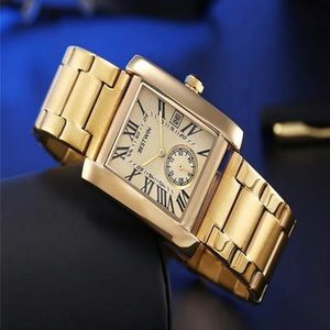 MEN Gold Rectangle Pointer Quartz Date Watch